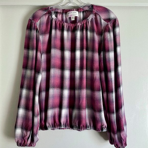 Anthropologie Cloth & Stone Glacier Pink Plaid Long Balloon Sleeve  Top S - Picture 2 of 9